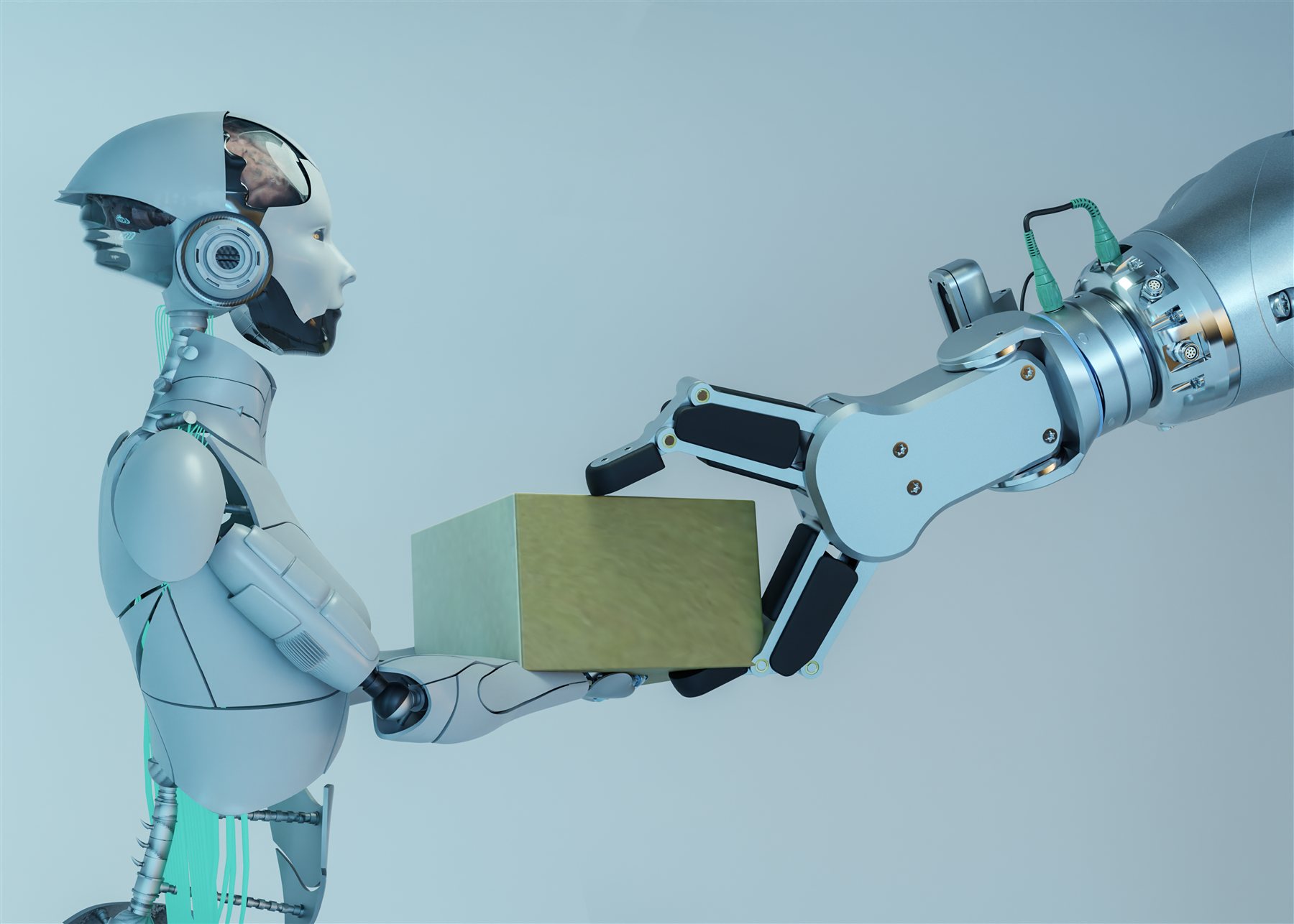 A humanoid robot handing a box to a robotic arm, representing AI vendor automation claims