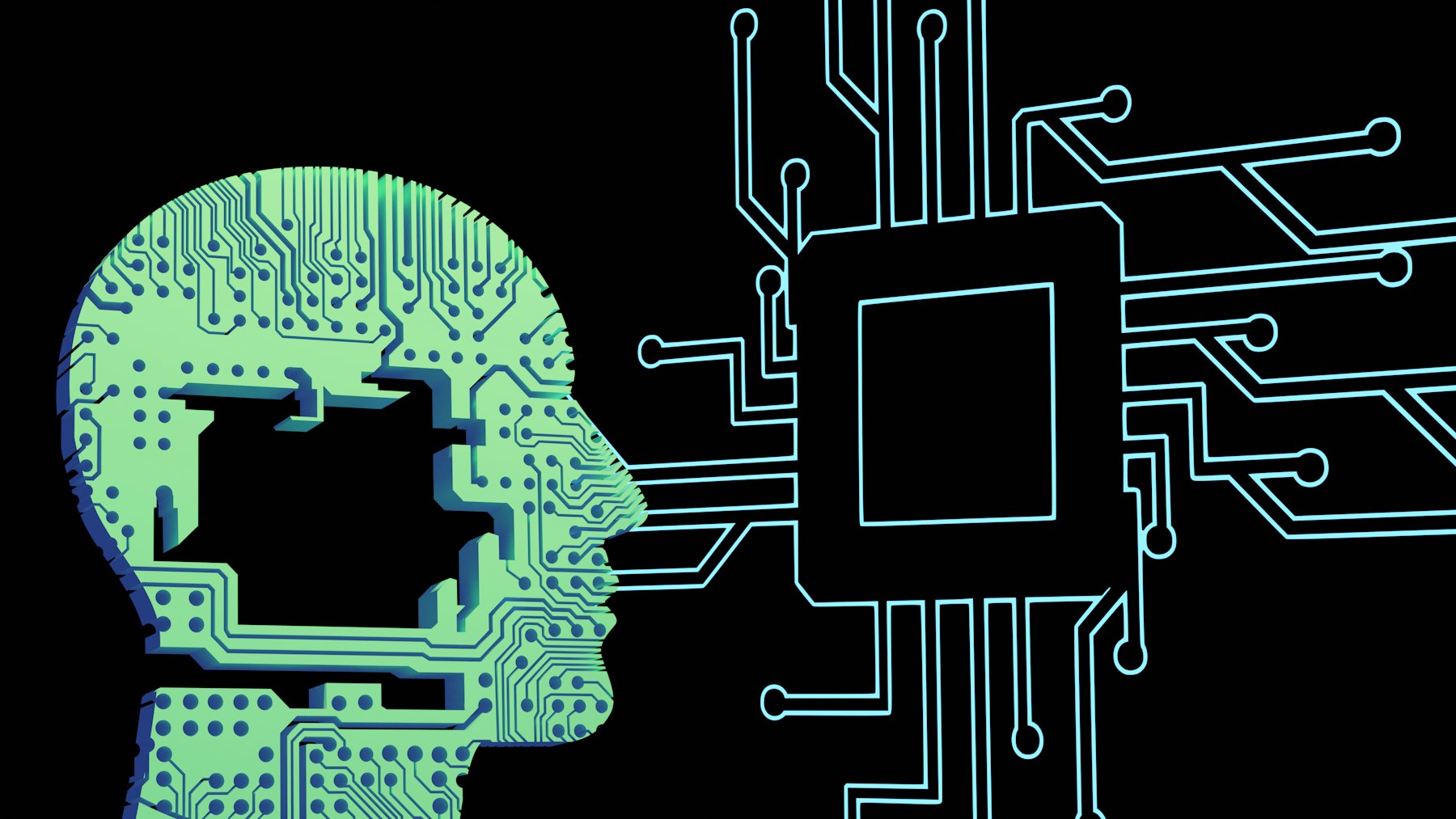 A head silhouette made of circuit board traces facing a microchip, representing AI in government procurement